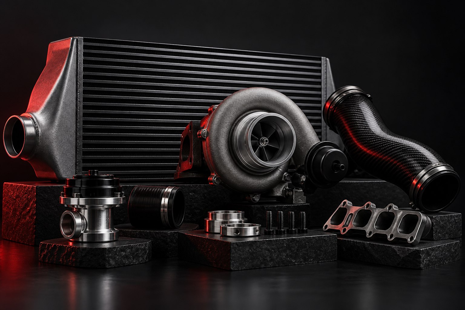 Conceptual studio arrangement of an intercooler, turbocharger and carbon intake parts